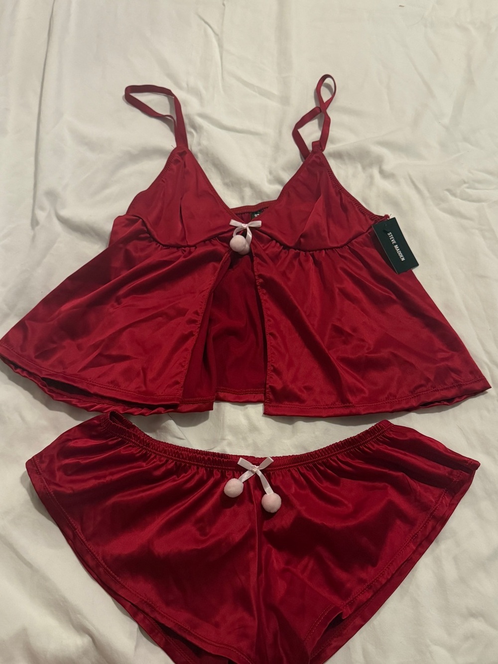 Steve Madden Red Satin Two-Piece Babydoll Cami & Shorts Set